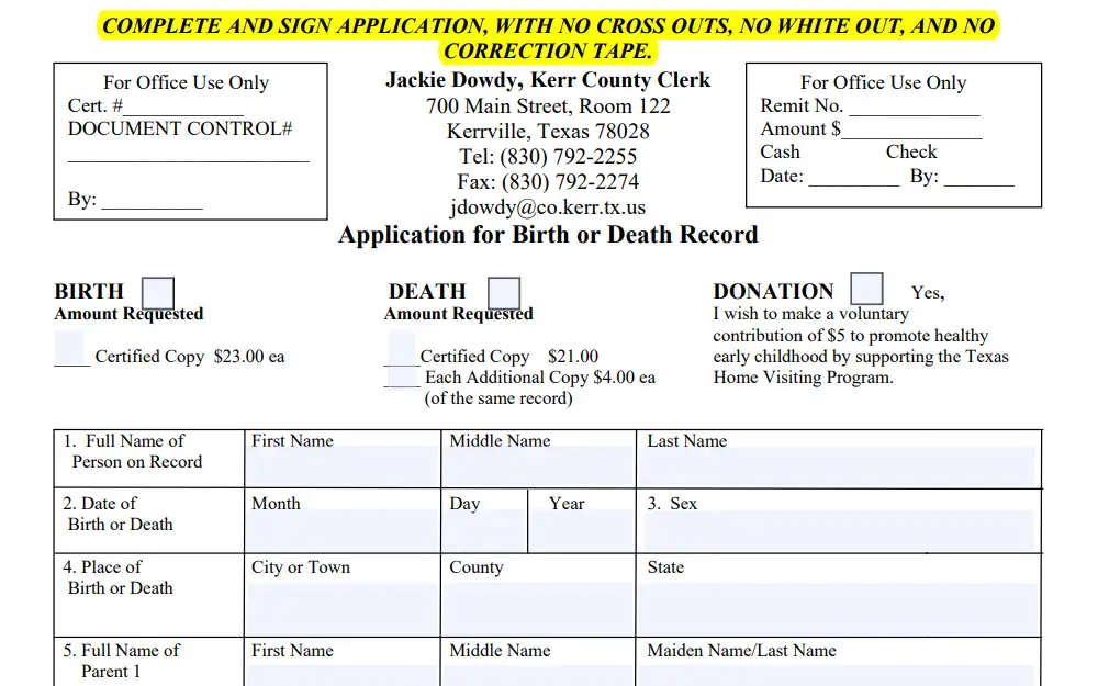 A screenshot of the Application for Birth and Death Documents showing the required fields such as the subject's full name, date of birth etc., including the Kerr County Clerk address and contact information.