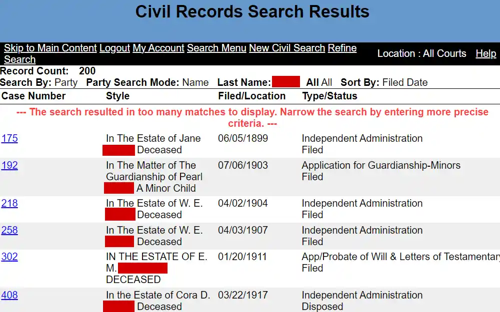 A screenshot showing the Civil Records Search Results in Kerr County Public Records website organized in columns by case no., style, file location and status.