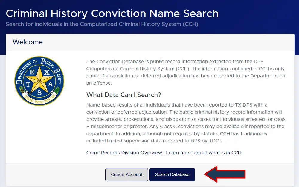 A screenshot of the Criminal History Conviction Name Search offered by the Texas Department of Public Safety, where searchers must create an account to access the database.