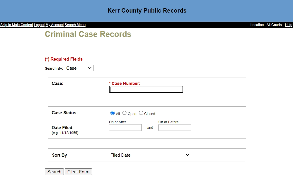 A screenshot showing the Criminal Case Records search page from the Kerr County Public Records website with the required fields to search, including the search and clear button at the bottom.