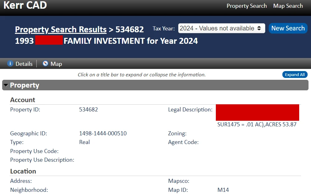 A screenshot of the Kerr Central Appraisal District page displays the results of a property search including important details such as the property's ID, Geographic ID, type, property use code and description, legal description, zoning and agent code, as well as information about its location and tax.