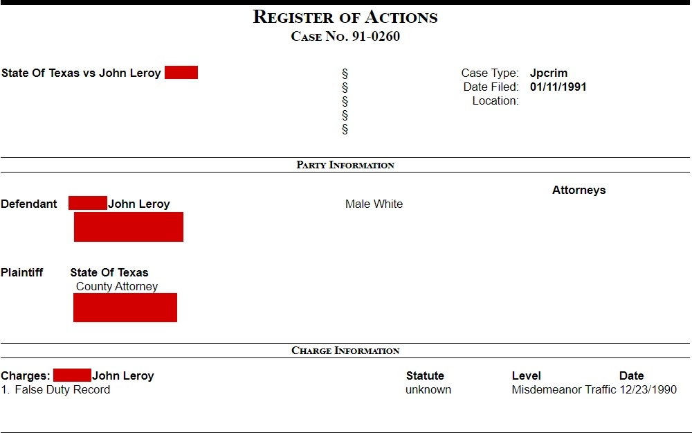 A screenshot showing the results from a criminal case search in Texas with party name, case type, date filed and location, including the party and charge information.