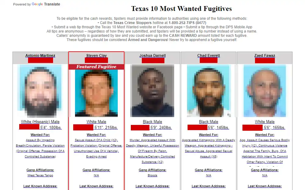 A screenshot showing the Texas Most Wanted Fugitives with their mugshots, full names, offense details and last known address.