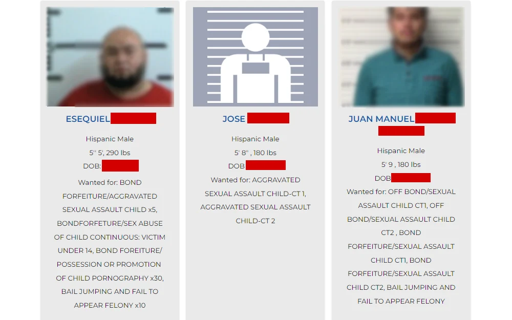 Screenshot of some of the wanted people listed from the sheriff's office, showing their mugshots, names, and descriptions.