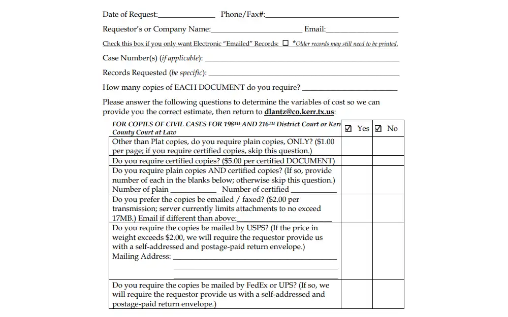A screenshot of the request form for records from the Kerr County District Clerk with fields for requestor and request information, and a checklist about the copies.
