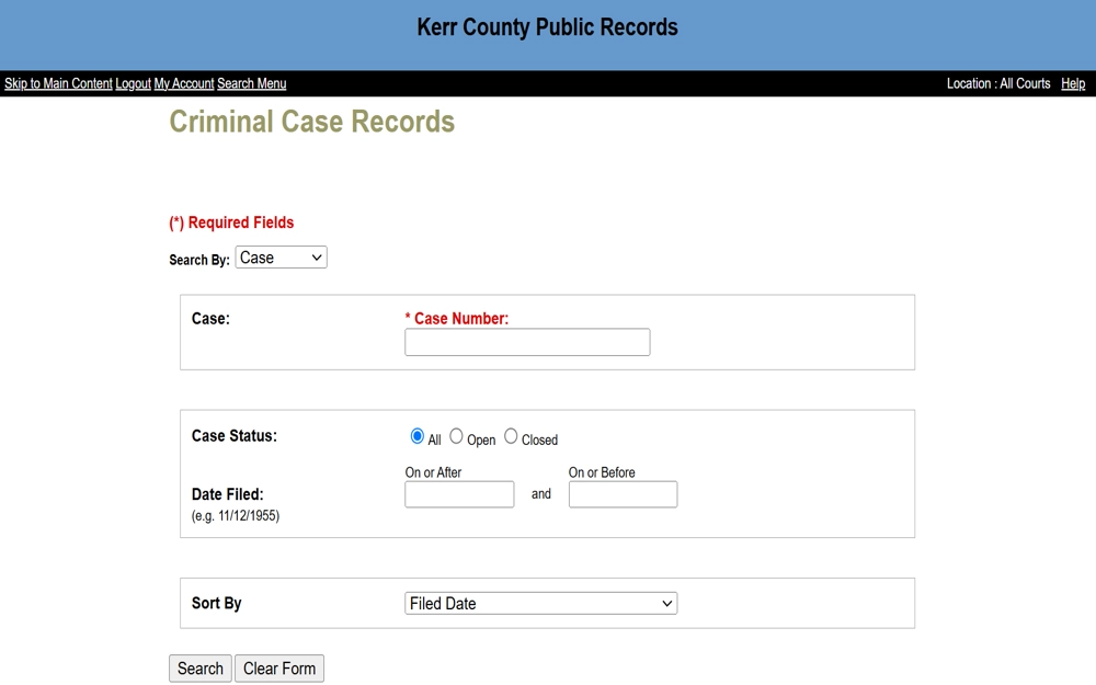 A screenshot showing the Criminal Case Records search page from the Kerr County Public Records website with the required fields to search, including the search and clear button at the bottom.