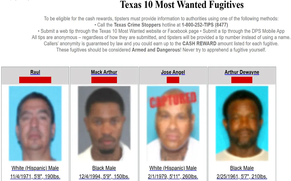 A screenshot showing the Texas Most Wanted Fugitives with their mugshots, full names, offense details and last known address.